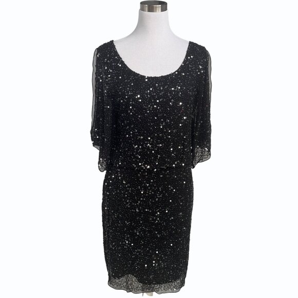 Pisarro Nights Dresses & Skirts - Pisarro Nights Black 100% Silk Sequin Dress Womens 8 Cold Shoulder Elegant LBD